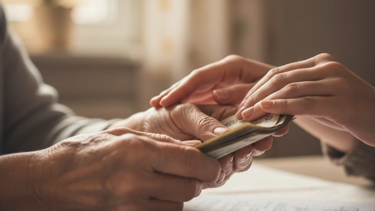 Imatge genèrica d'unes mans grans i unes mans joves interaccionant amb documents bancaris o diners.