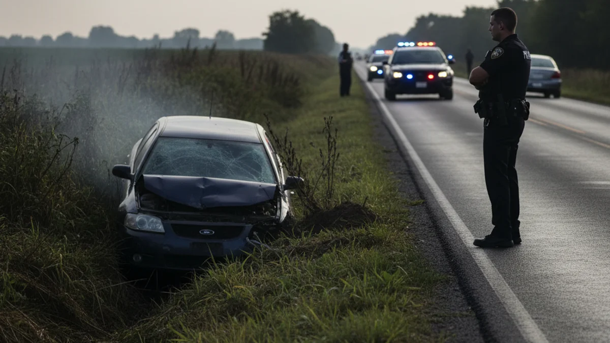 Vehicle accidentat en un marge de la carretera després d'una persecució policial, amb la presència d'un agent de seguretat.