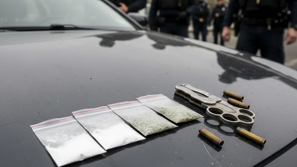 Imatge genèrica de substàncies estupefaents i una arma prohibida confiscades en una operació policial.