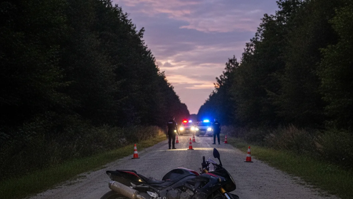 Escena d'un control policial en una carretera secundària amb una motocicleta a terra, sense figures humanes clares.