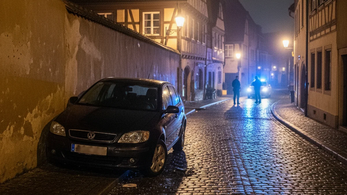 Imatge genèrica d'un cotxe accidentat en un carrer estret d'un nucli antic, amb llums de policia al fons.