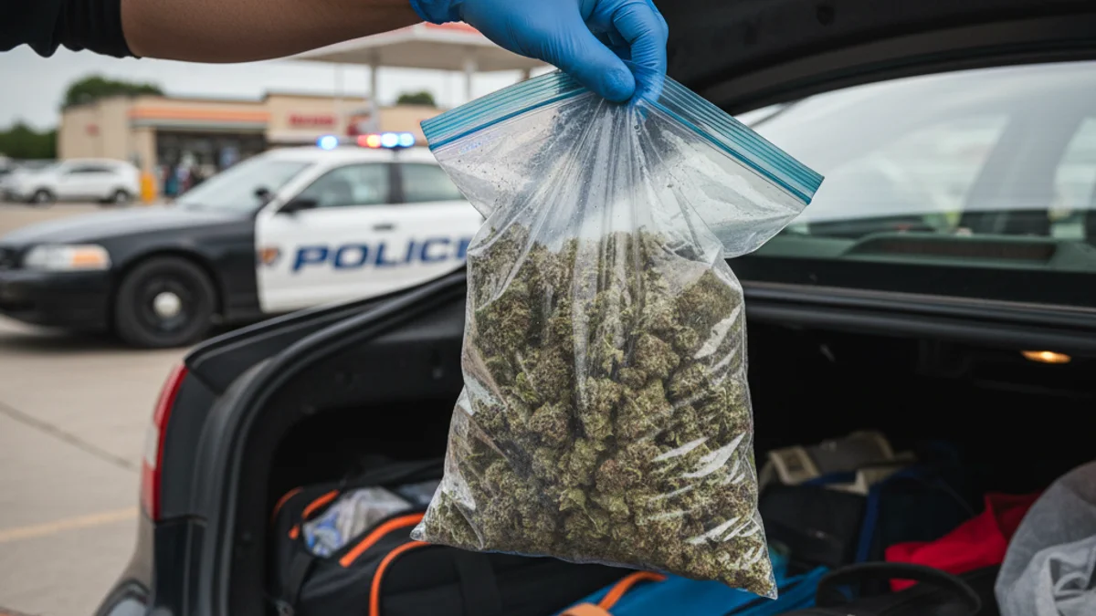 Imatge genèrica d'una bossa de plàstic amb cabdells de marihuana confiscada per la policia en el maleter d'un vehicle.