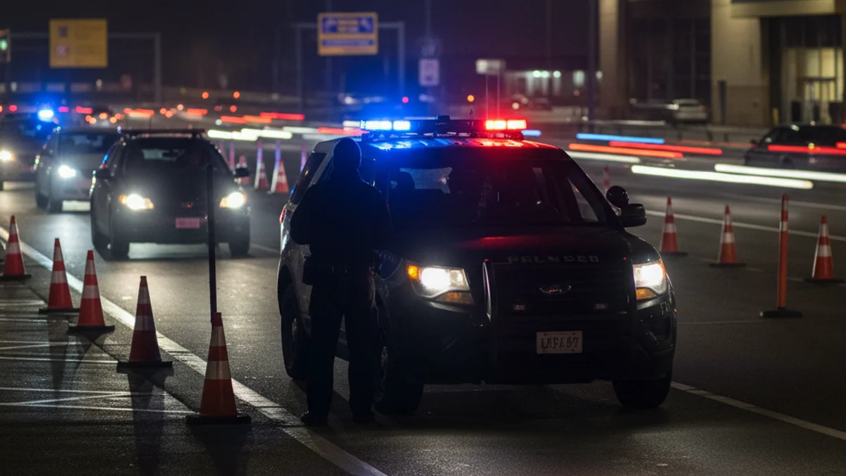 Imatge genèrica d'un control policial nocturn en una autopista o àrea de servei.