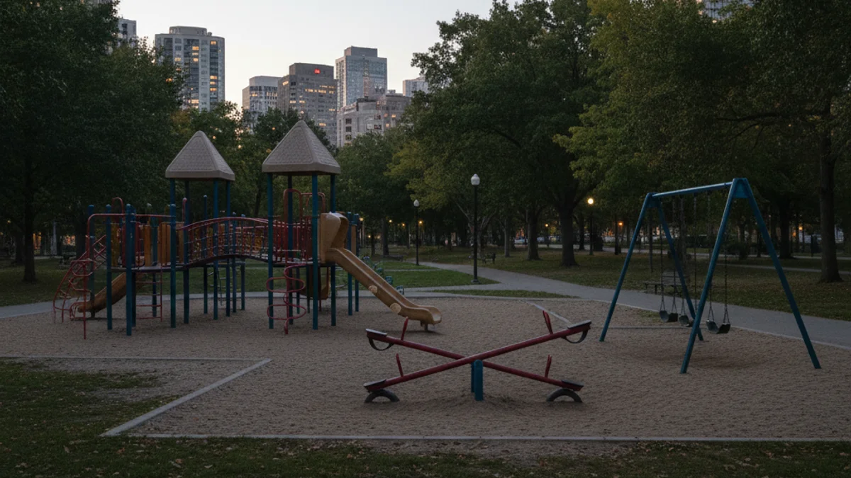 Imatge genèrica d'un parc infantil buit al vespre, amb una atmosfera de calma tensa.