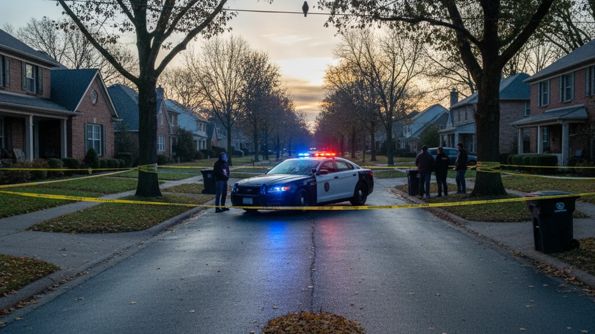 Generic image of a police vehicle with flashing lights in a residential area at dawn.