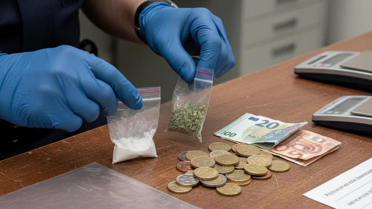 Imatge genèrica d'unes mans policials examinant embolcalls de drogues i diners fraccionats sobre una taula.