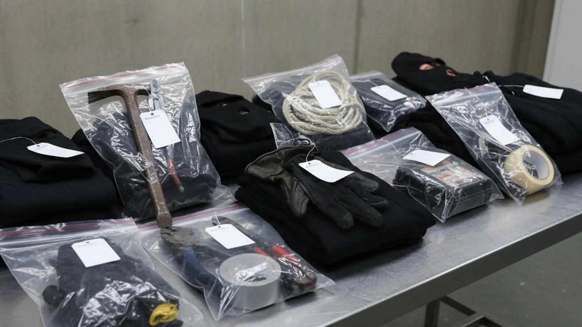 Eines i roba confiscades per la policia com a proves en una investigació de robatori amb força.