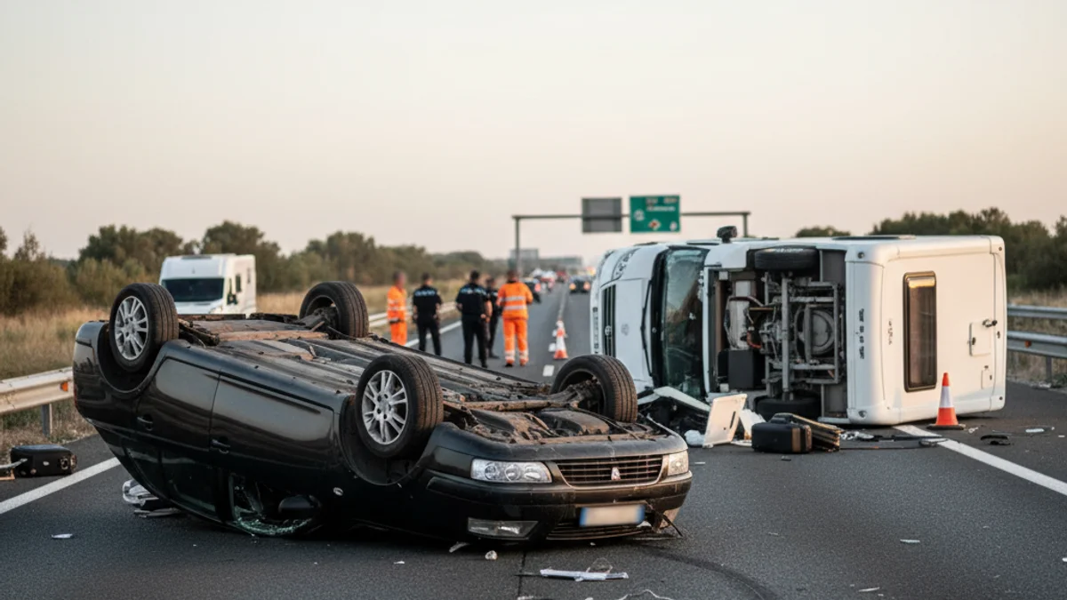 Imatge genèrica d'un accident de trànsit a l'autopista, amb un vehicle bolcat i presència policial.
