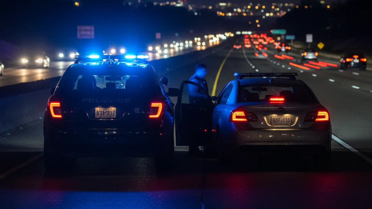 Imatge genèrica d'un vehicle policial aturant un cotxe de nit en una carretera, amb focus i llums d'emergència.