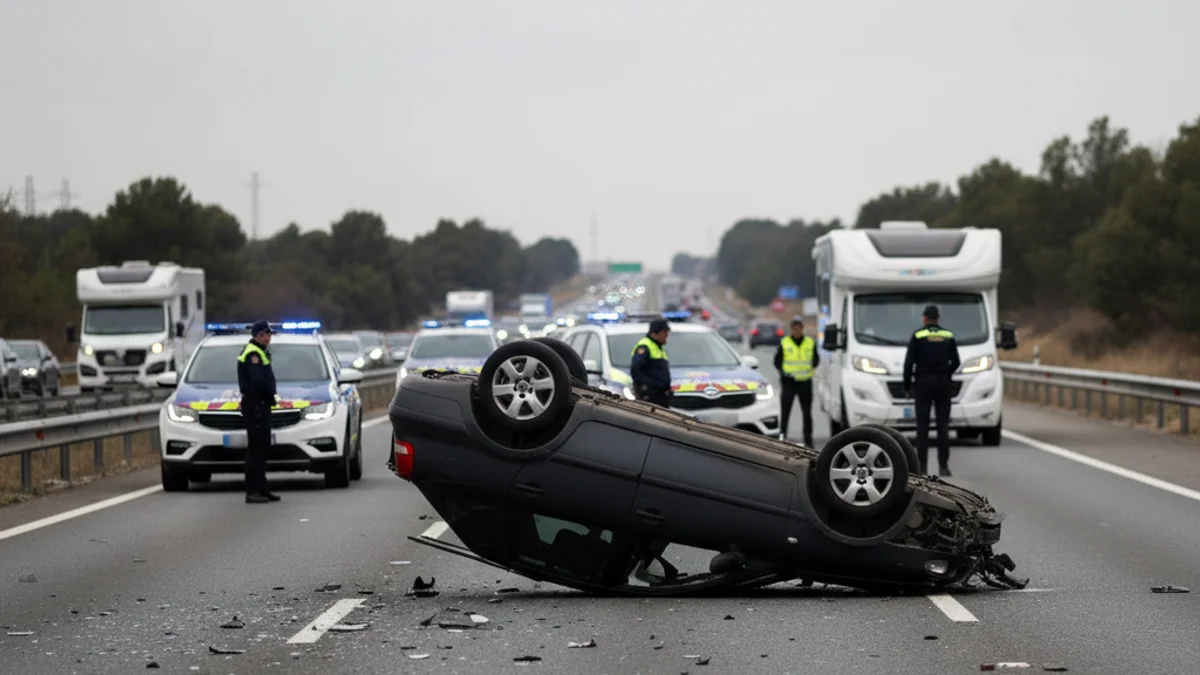 Imatge genèrica d'un accident de trànsit a una autopista, amb un cotxe bolcat i vehicles d'emergència al fons.
