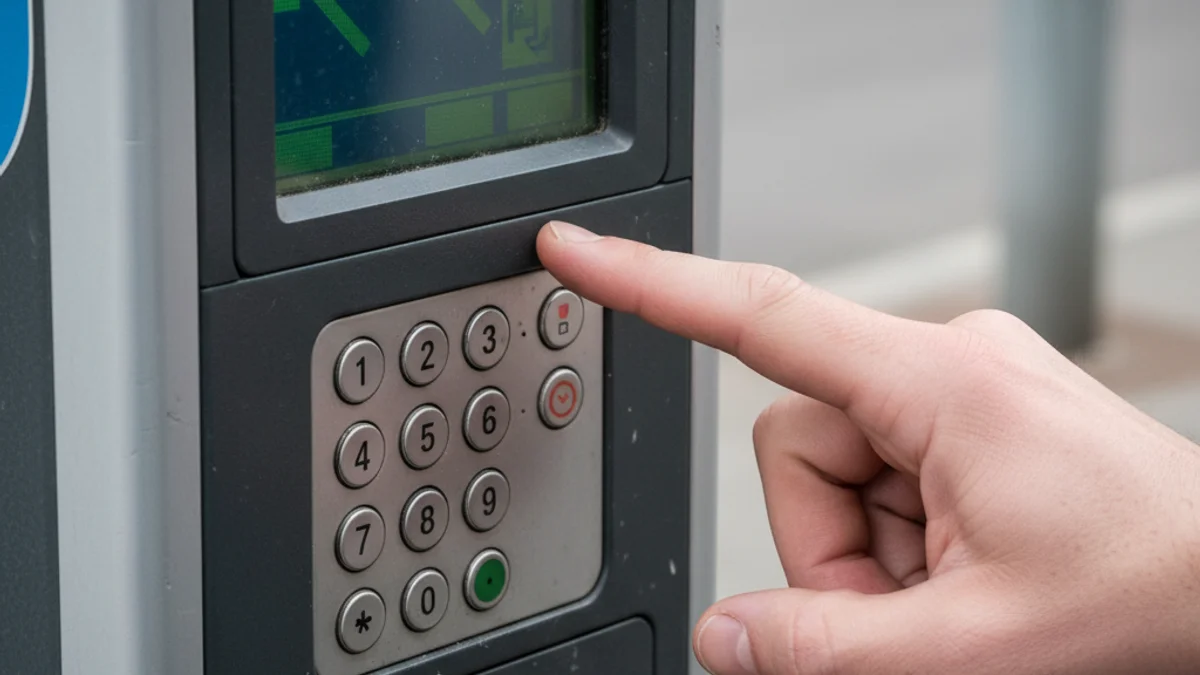 Imatge genèrica d'un parquímetre o màquina de pagament en un carrer urbà, amb focus en les mans.