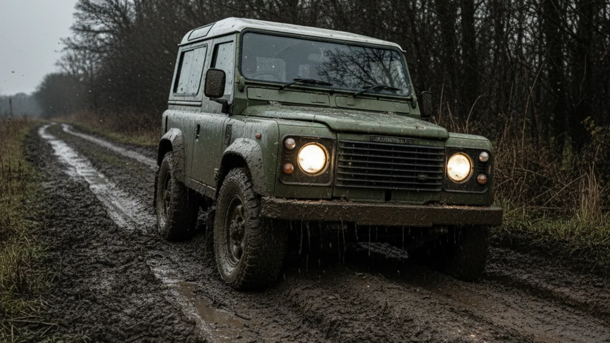 Un cotxe petit atrapat en un camí rural ple de fang, amb les rodes enfonsades.