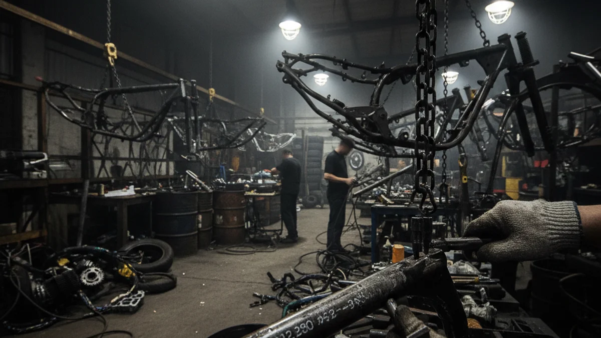 Imatge genèrica d'una nau industrial o taller mecànic amb peces de vehicles desmuntades.