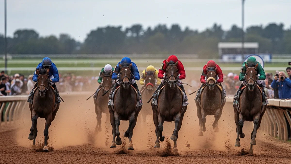 Imatge genèrica de cavalls pura sang competint en una pista de curses de terra.