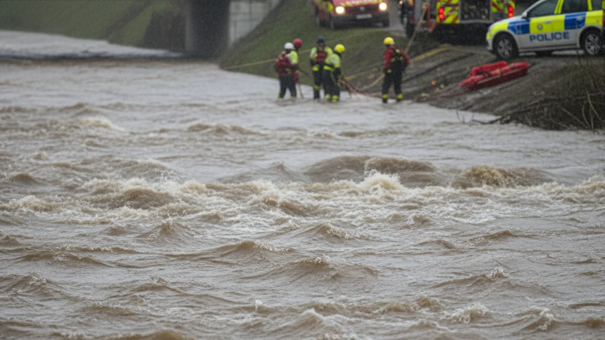 Imatge genèrica d'un dispositiu de recerca i rescat prop d'una riera desbordada amb vehicles d'emergència.