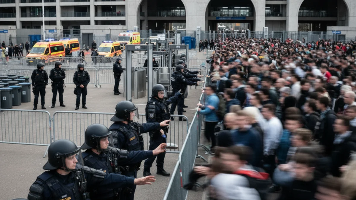 Agents de policia uniformats controlant l'accés a un pavelló esportiu abans d'un partit de bàsquet.