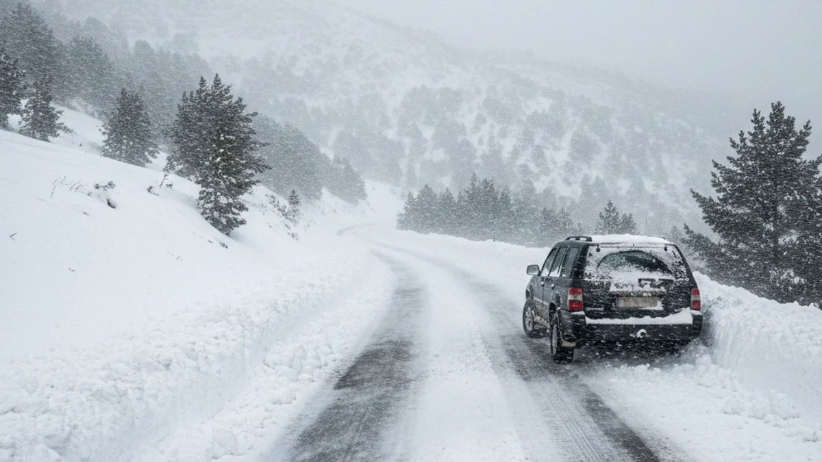 Imatge genèrica d'una carretera de muntanya coberta de neu amb un cotxe immobilitzat a causa de les nevades intenses.