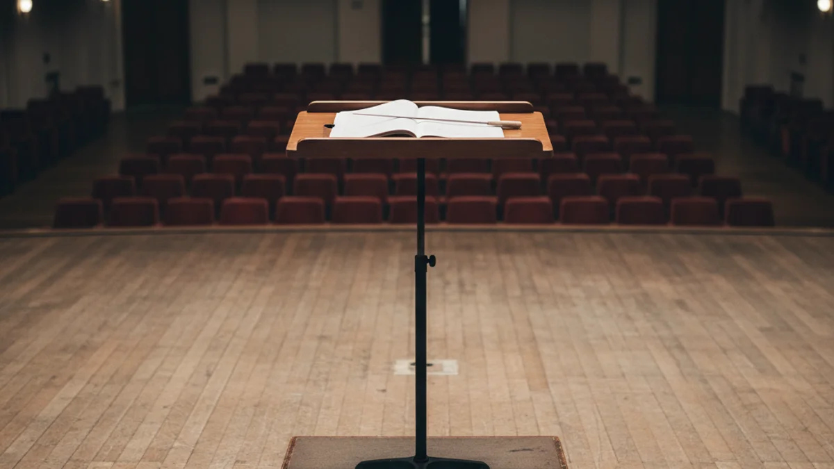 Imatge genèrica d'un podi de director amb una batuta o instruments de vent en un escenari buit.