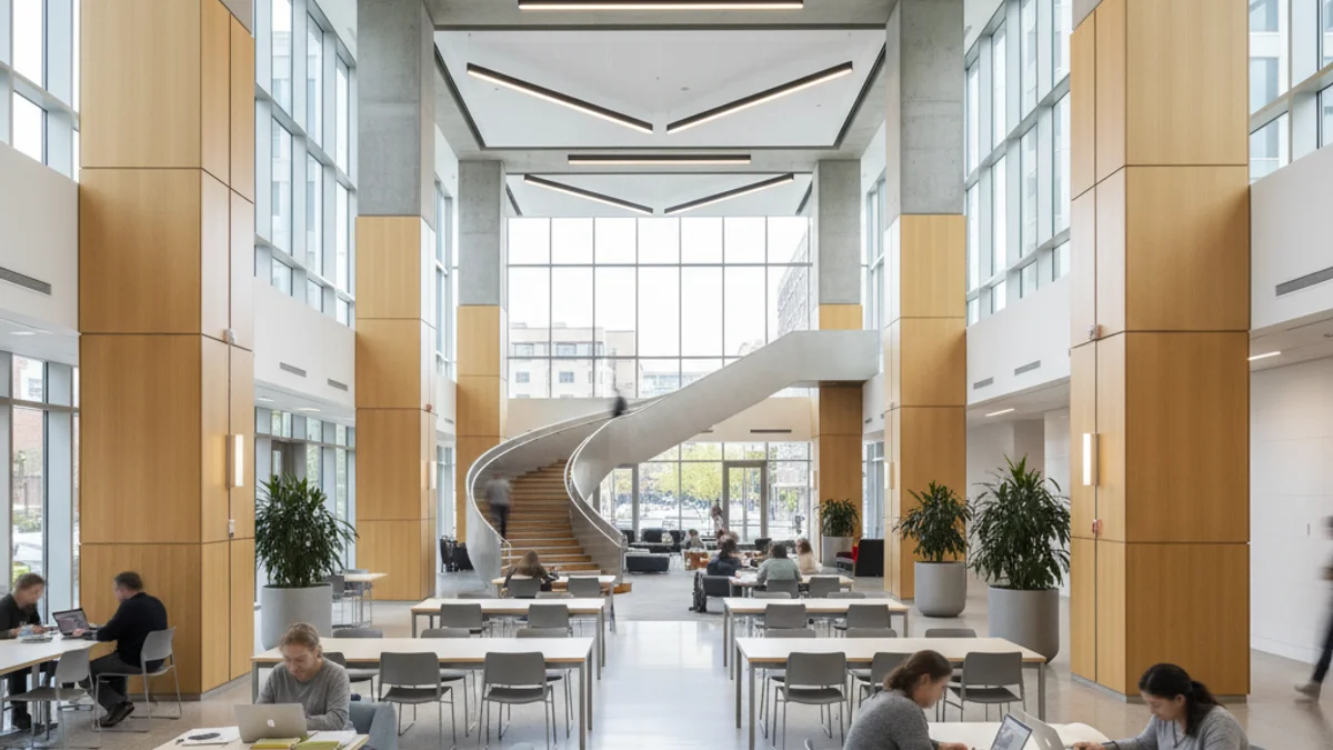 Interior de un centro cívico moderno con espacios de estudio y reuniones, simbolizando un servicio social.