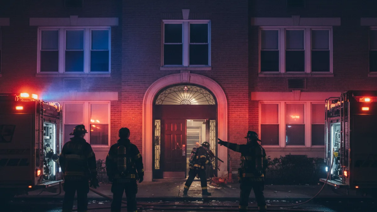 Imatge genèrica de bombers treballant de nit en un edifici residencial afectat per un incendi a la ciutat.