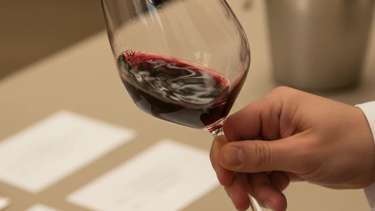 Imatge genèrica d'una copa de vi sent tastada per un professional en un concurs de sommeliers.