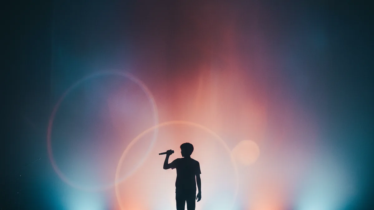 Imatge genèrica d'un jove cantant en silueta sobre un escenari gran i il·luminat.