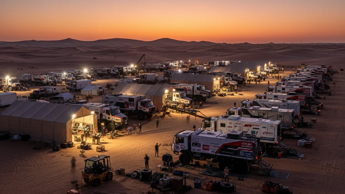 Imatge genèrica d'un bivac o campament d'assistència en un desert, amb vehicles de suport i tendes.