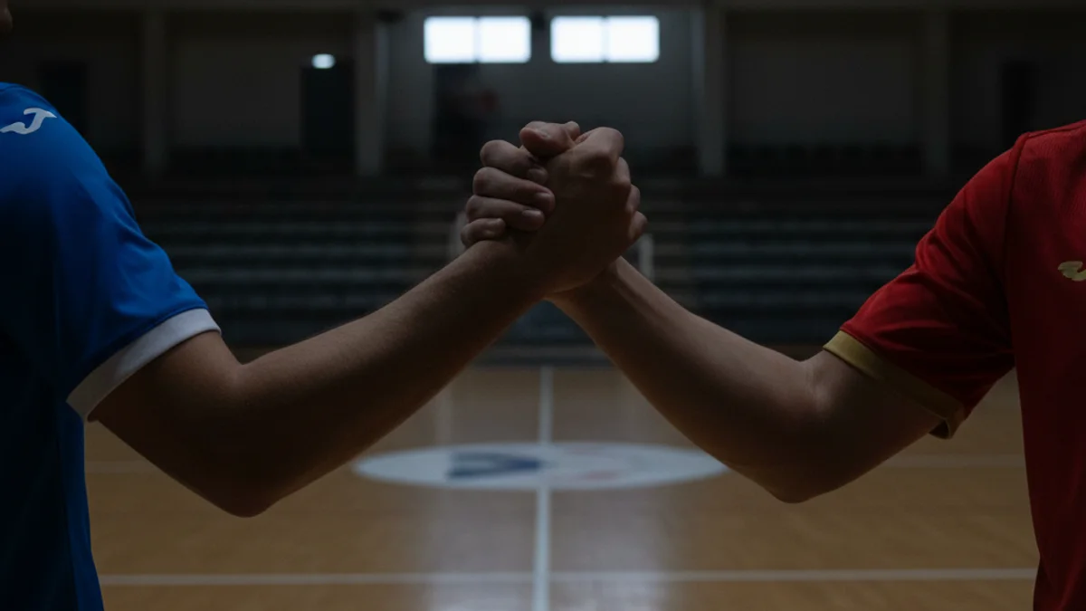 Imatge genèrica de dues jugadores de futbol sala celebrant una convocatòria en un pavelló esportiu.