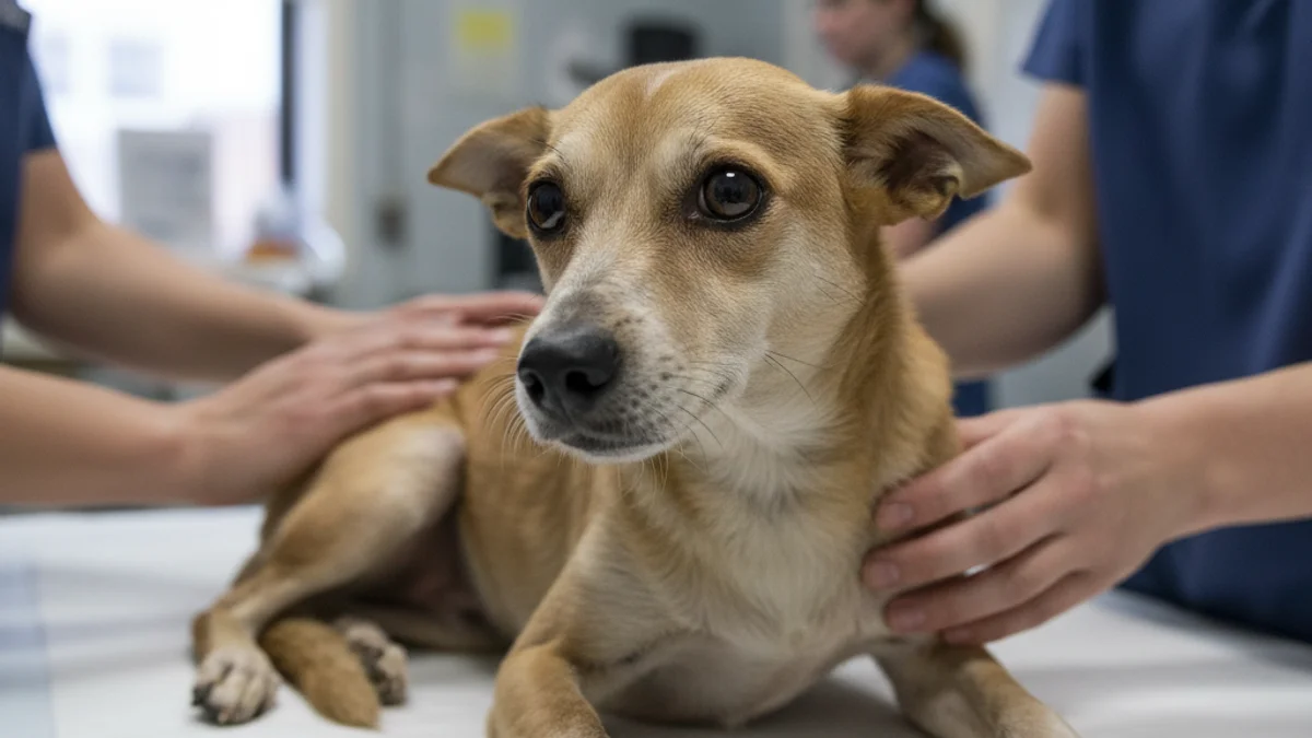 Imatge genèrica d'un gos petit i desnodrit en un refugi d'animals, amb voluntaris treballant al fons.