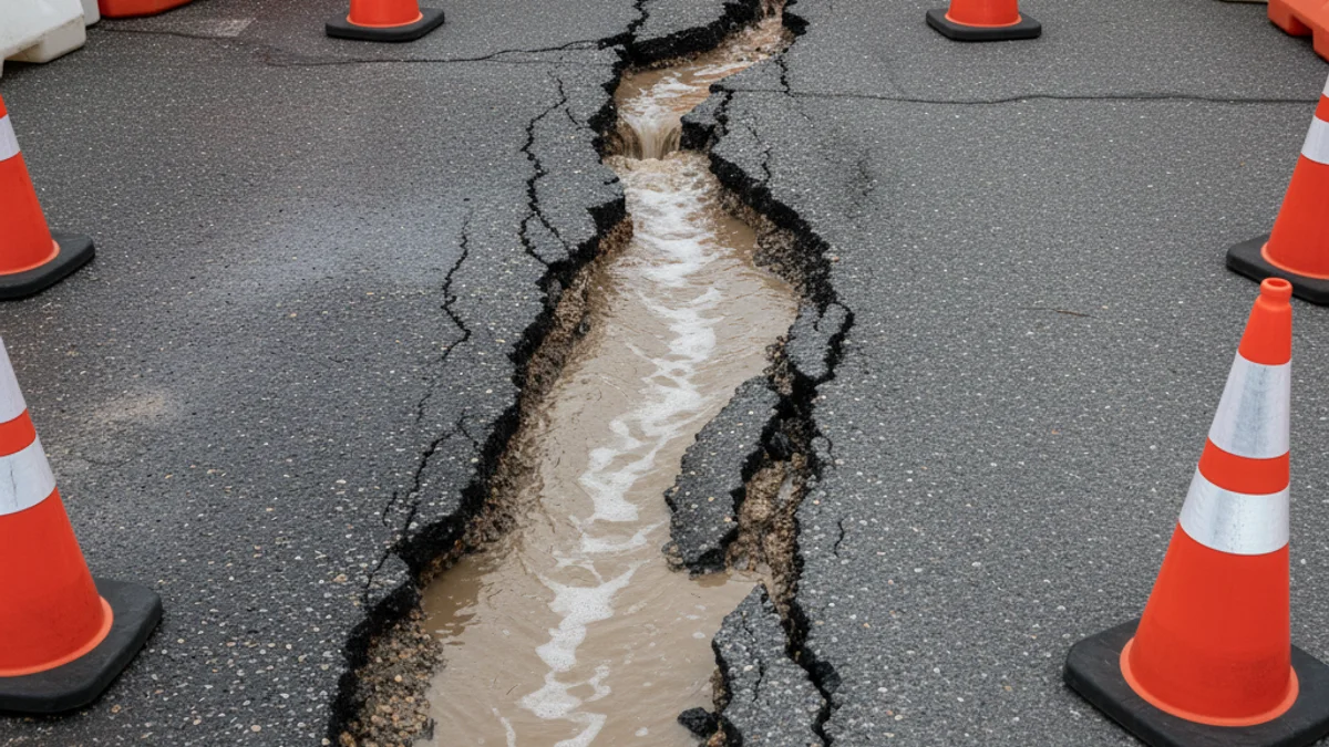 Imatge genèrica d'una carretera amb l'asfalt trencat i aigua filtrant-se a causa d'una fuita subterrània.