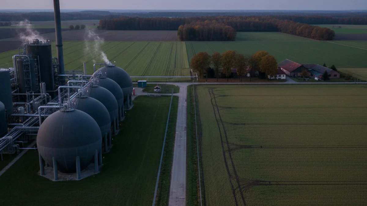 Vista d'un paisatge agrícola protegit amb una instal·lació industrial o una planta d'energia al fons, simbolitzant el conflicte territorial.