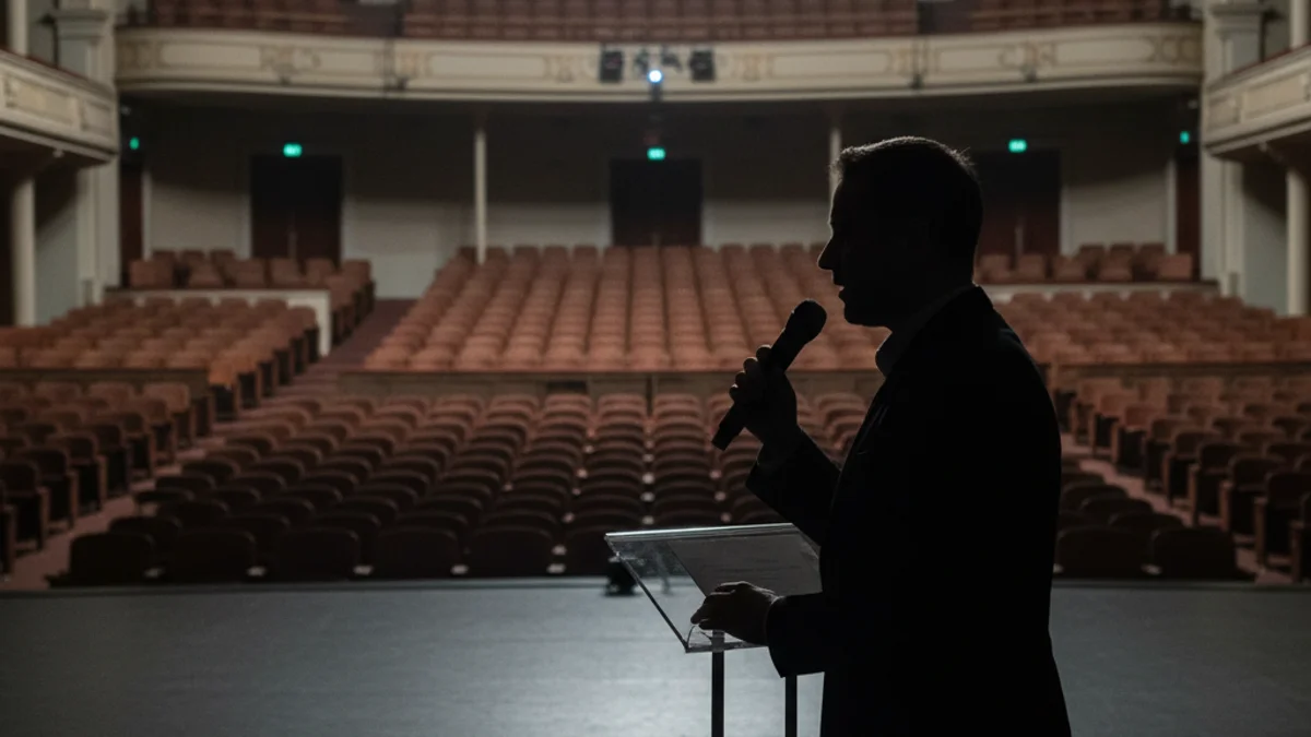 Una silueta d'un humorista o actor parlant davant d'un micròfon en un escenari de teatre buit.