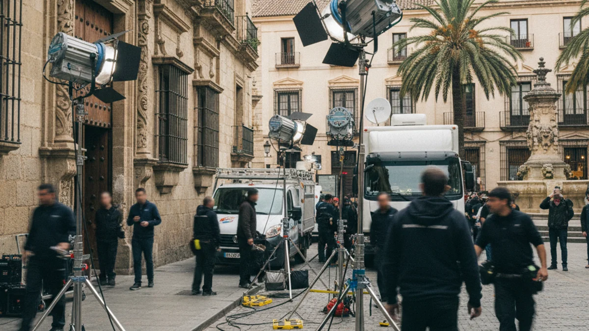 Equip de rodatge cinematogràfic treballant a l'exterior d'un edifici antic en una zona urbana.