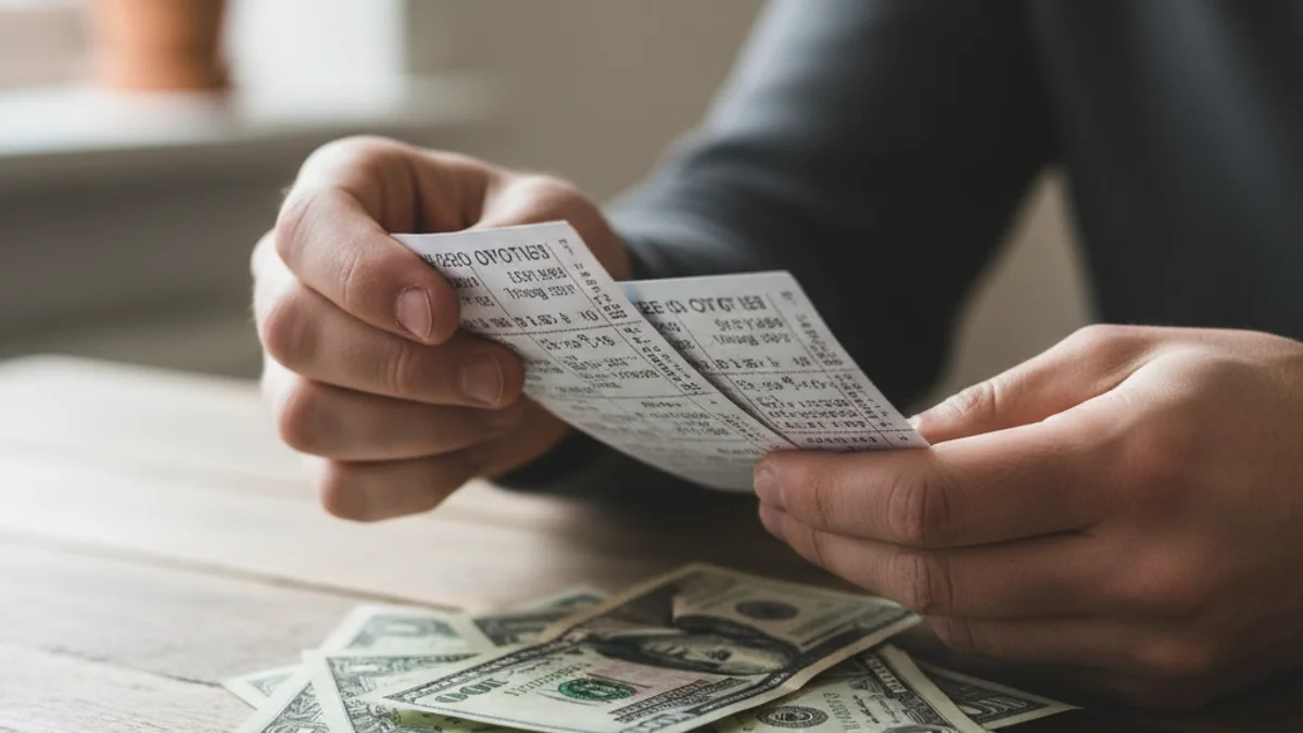 Mans agafant un feix de bitllets de loteria o diners en efectiu sobre una taula.