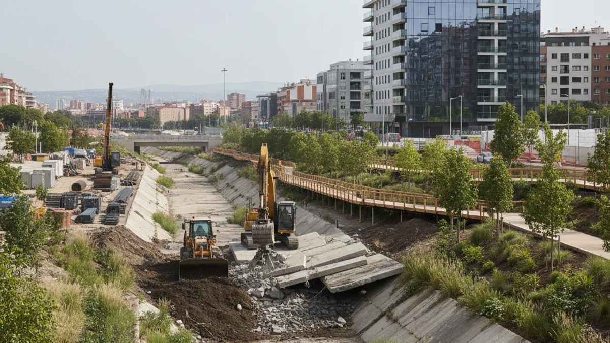 Vista aèria d'una zona urbana amb un riu o riera canalitzada en procés de renaturalització, amb màquines treballant al fons.