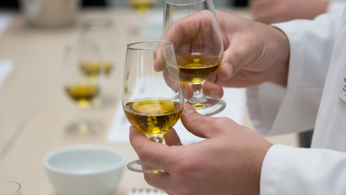 Tastadors professionals avaluen mostres d'oli d'oliva verge extra en un laboratori especialitzat.