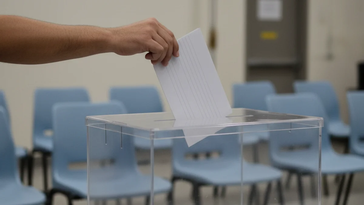 Una mà dipositant una papereta de vot en una urna transparent en un col·legi electoral buit.