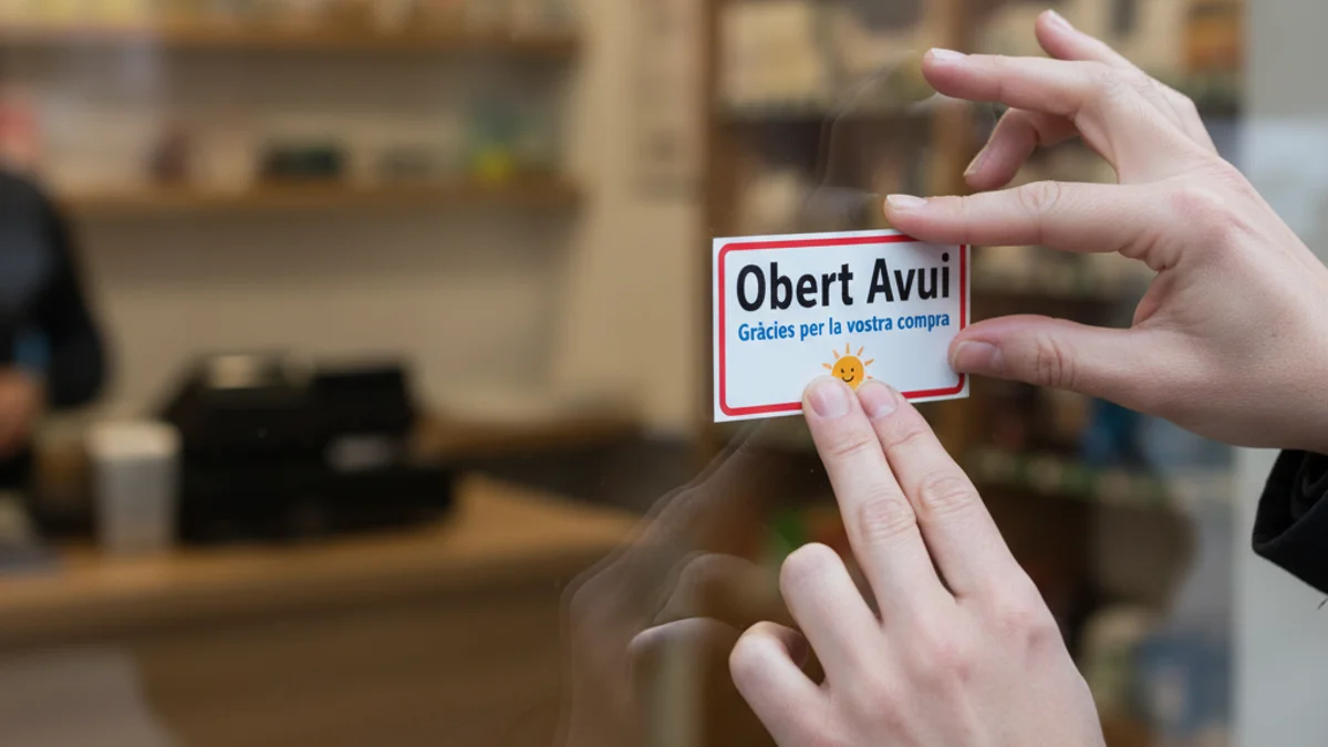 Una mà col·locant un adhesiu o cartell en català al taulell d'una botiga local, simbolitzant la campanya.