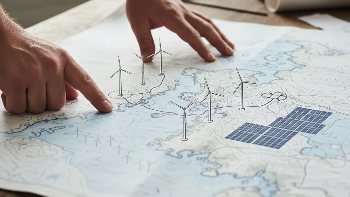 Planificació territorial amb mapes i esquemes sobre la implantació d'energia eòlica i solar al territori.