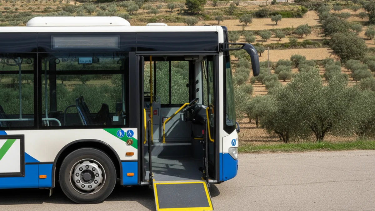 Imatge genèrica d'un vehicle de transport públic accessible en una zona rural, sense logotips visibles.