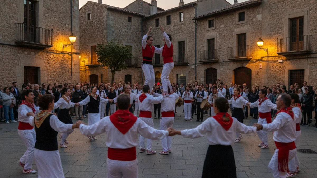 Imatge genèrica d'una plaça històrica amb gent ballant danses populars catalanes durant una festa d'hivern.