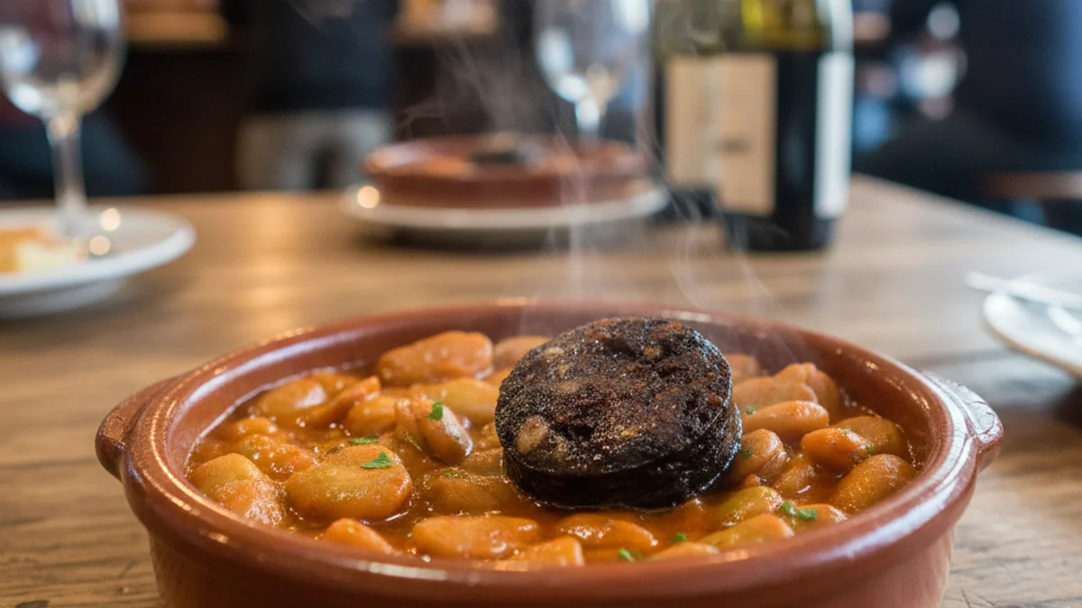 Imatge genèrica d'un plat de faves guisades amb botifarra negra en un ambient de bar tradicional.