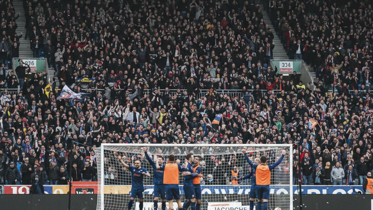 Jugadors de futbol celebrant un gol o una victòria en un estadi ple de gent.