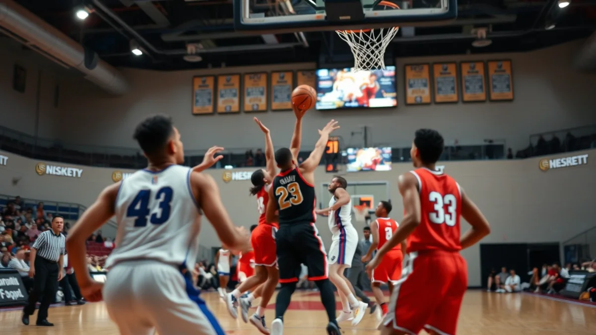 Imatge genèrica d'un partit de bàsquet amb jugadors en acció a la pista, sense cares reconeixibles.
