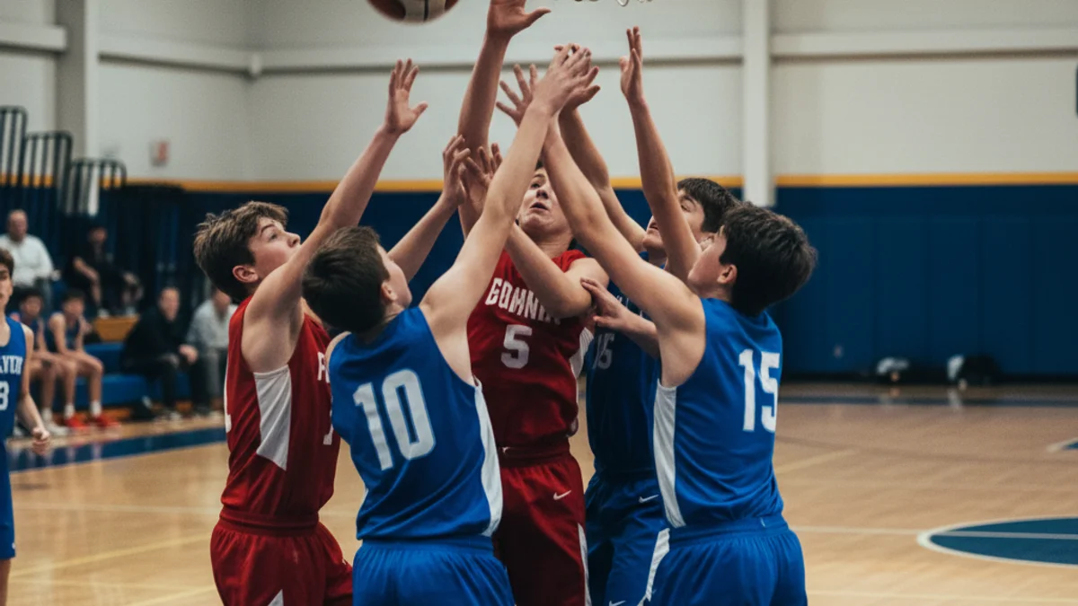 Jugadors de bàsquet juvenils en un partit, amb figures borroses en acció i focus en la intensitat física.
