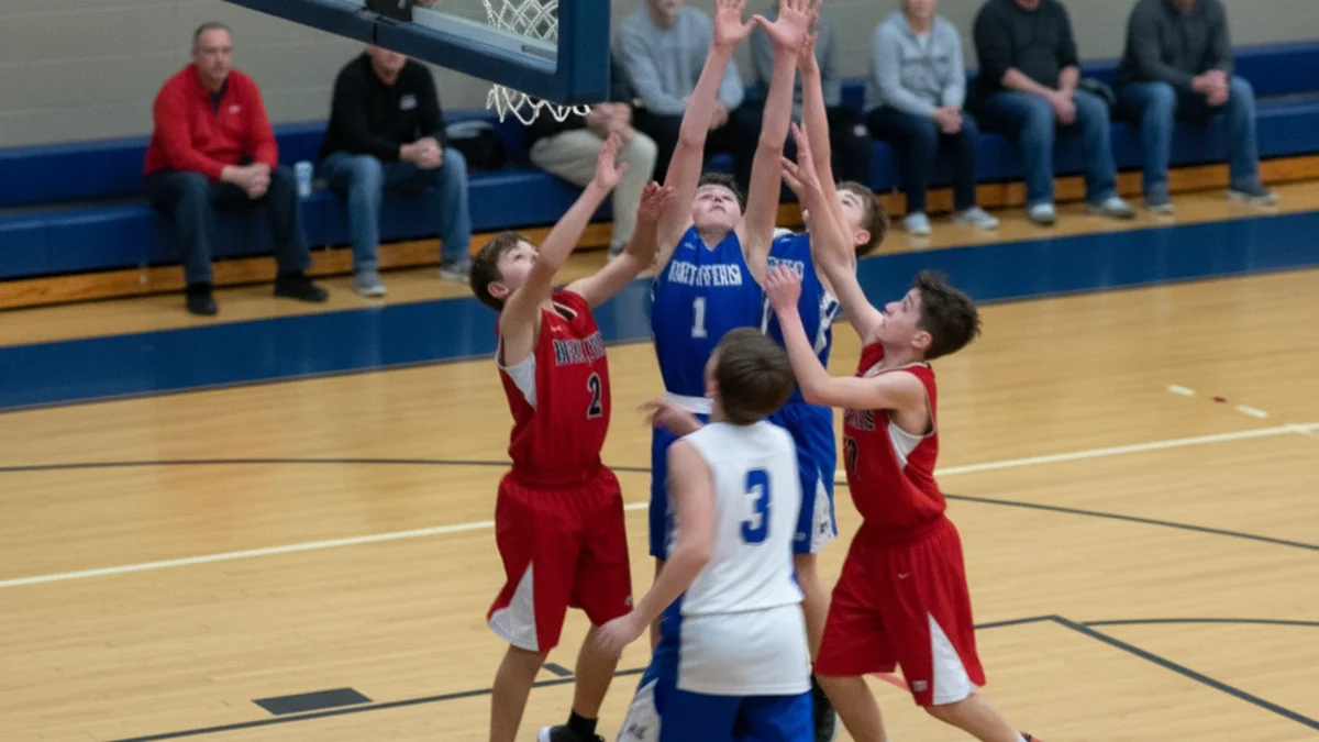 Imatge genèrica d'un partit de bàsquet juvenil, amb jugadors en acció sota la cistella.