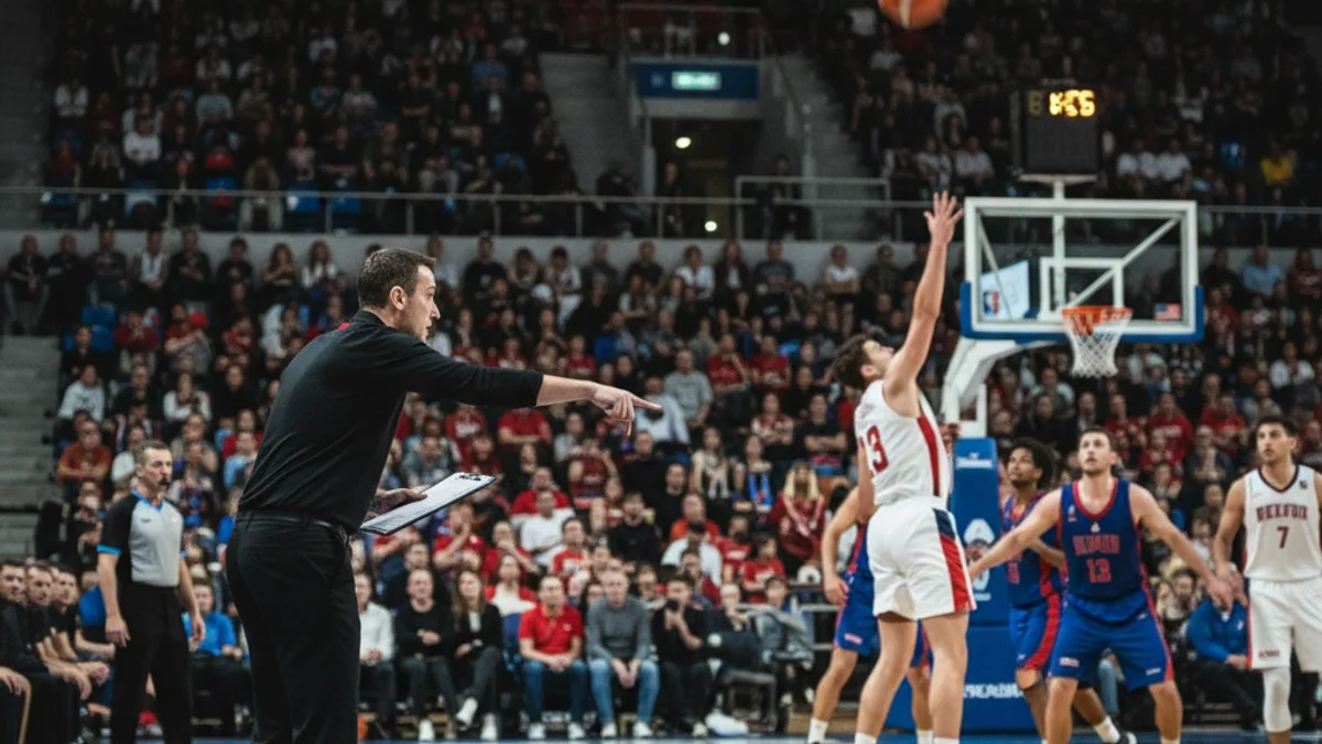 Una pista de bàsquet professional amb seients buits o siluetes de jugadors durant un partit de lliga.