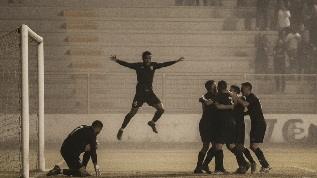 Imatge genèrica d'un partit de futbol regional amb jugadors celebrant un gol o disputant una jugada.