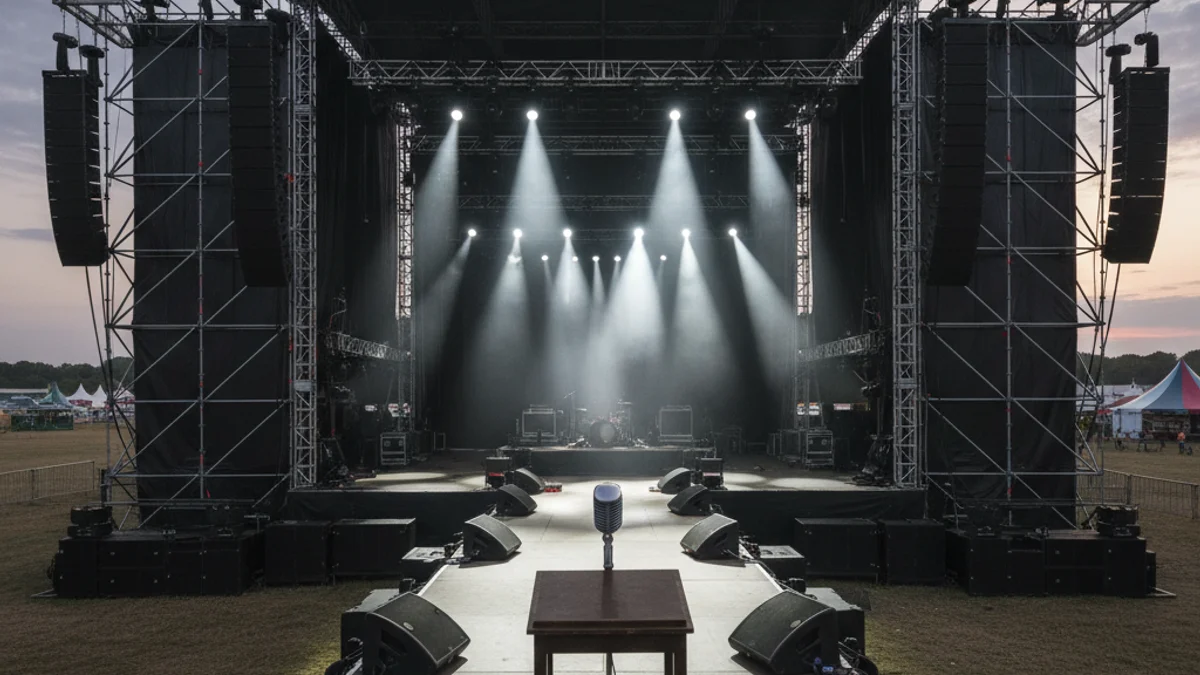 Imatge genèrica d'un escenari de festival de música amb focus brillants i un micròfon de bronze.