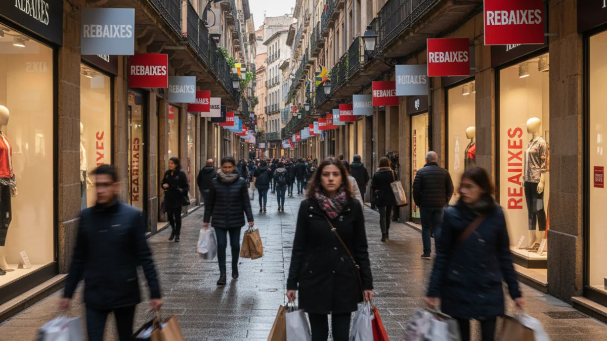 Vista d'una zona comercial amb aparadors amb cartells de rebaixes i gent passejant amb bosses de compra.